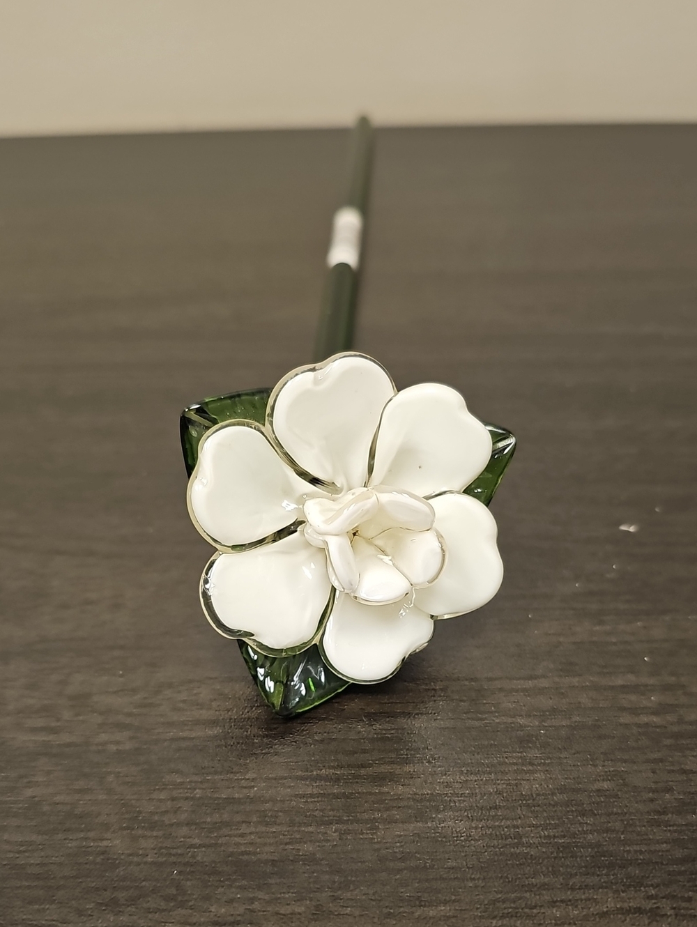 Elegant Murano Style White Glass Flower Stem with Green Leaves Accent